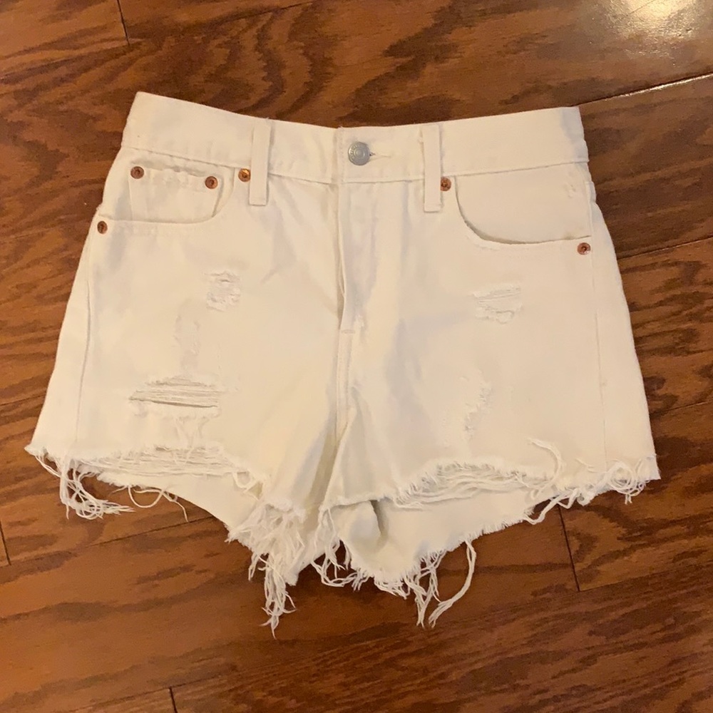 Levi's Distressed High Waist White Denim Shorts